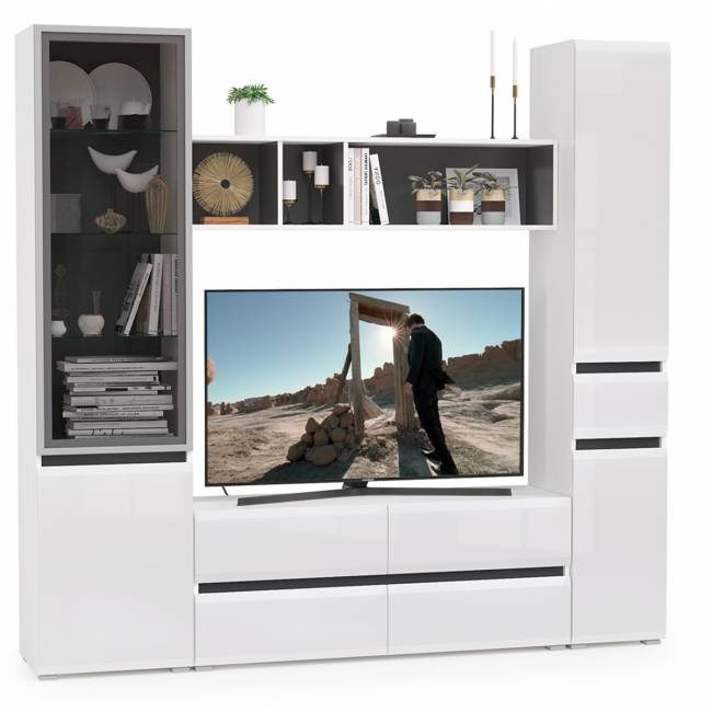 Стенка для гостиной Сидней Комплектация № 23 цвет белый/чёрный/фасады МДФ белый глянец