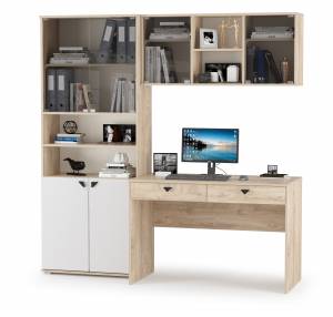 Компьютерный стол со шкафом и полкой со стеклом Бостон цвет дуб эндгрейн элегантный/фасады МДФ милк рикамо софт