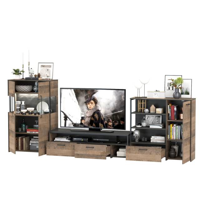 Стенка в гостиную Трувор № 54 с тумбой с подсветкой цвет дуб гранж песочный/интра