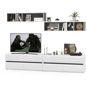 Две ТВ тумбы Сидней с полками цвет белый/чёрный/фасады МДФ белый глянец